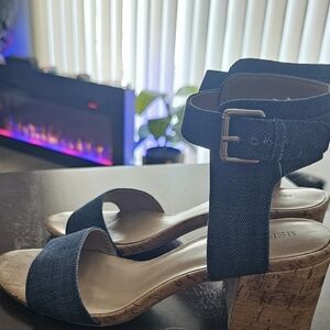 Madison Denim Cork Block Heel Sandals - Navy